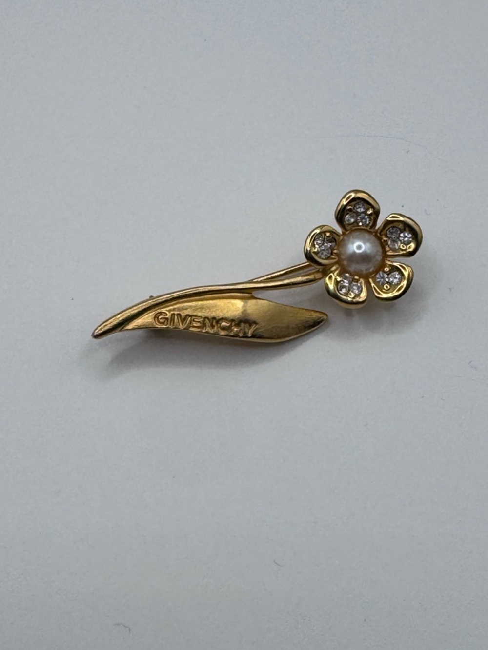 Givenchy Gold Floral Brooch with Pearl and Crystal Accents